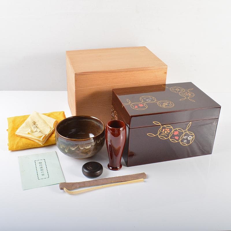 輪島塗　宗陽造　七宝蒔絵　茶箱　茶筅筒　茶碗など　四点　一式　M　R6237