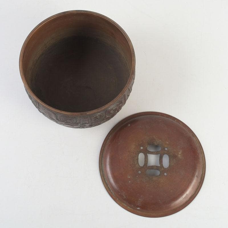 中国　古銅宣徳銅　饕餮文　建水　茶こぼし　V　9652