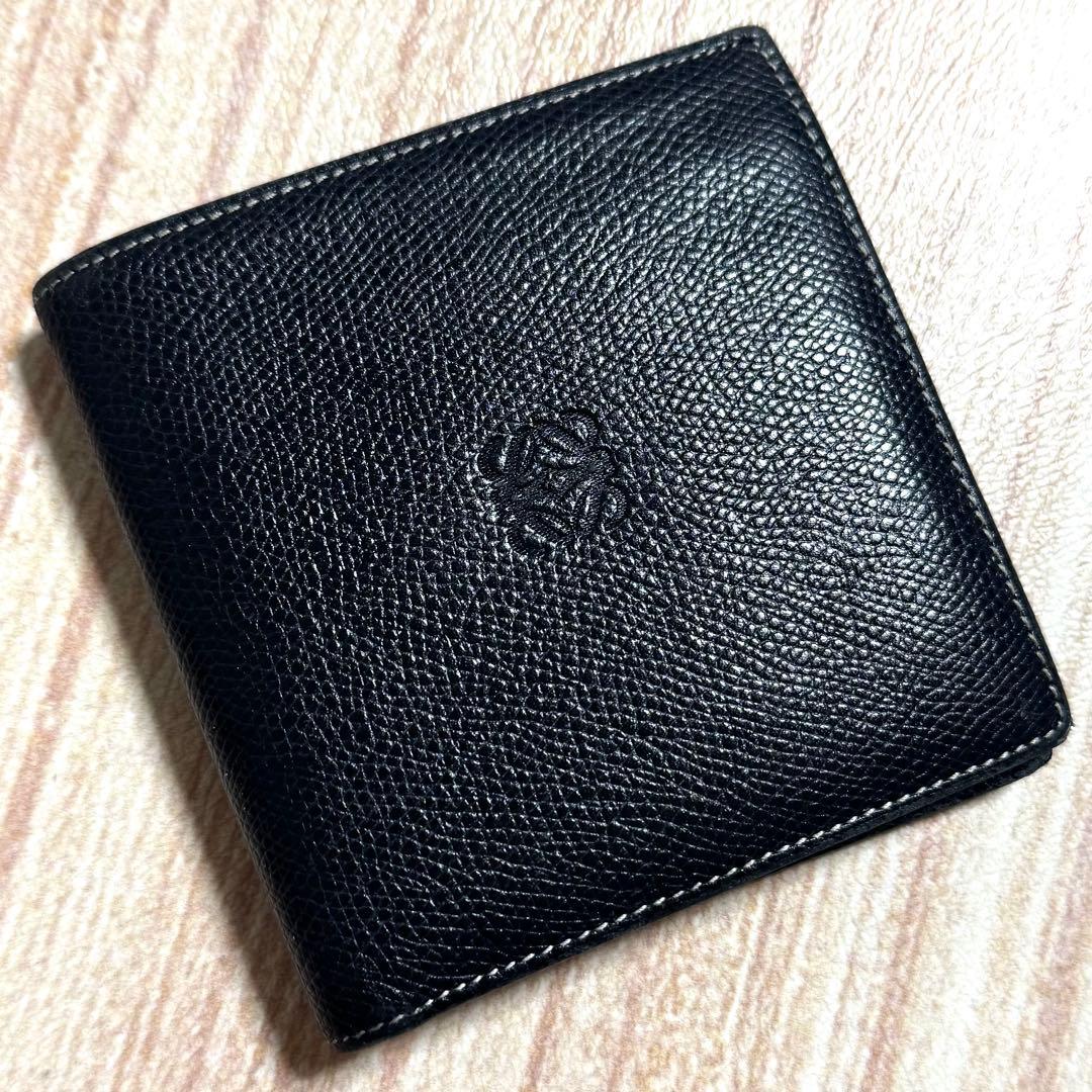 美品/LOEWEロエベ 二つ折り財布 アナグラム レザー ネイビー