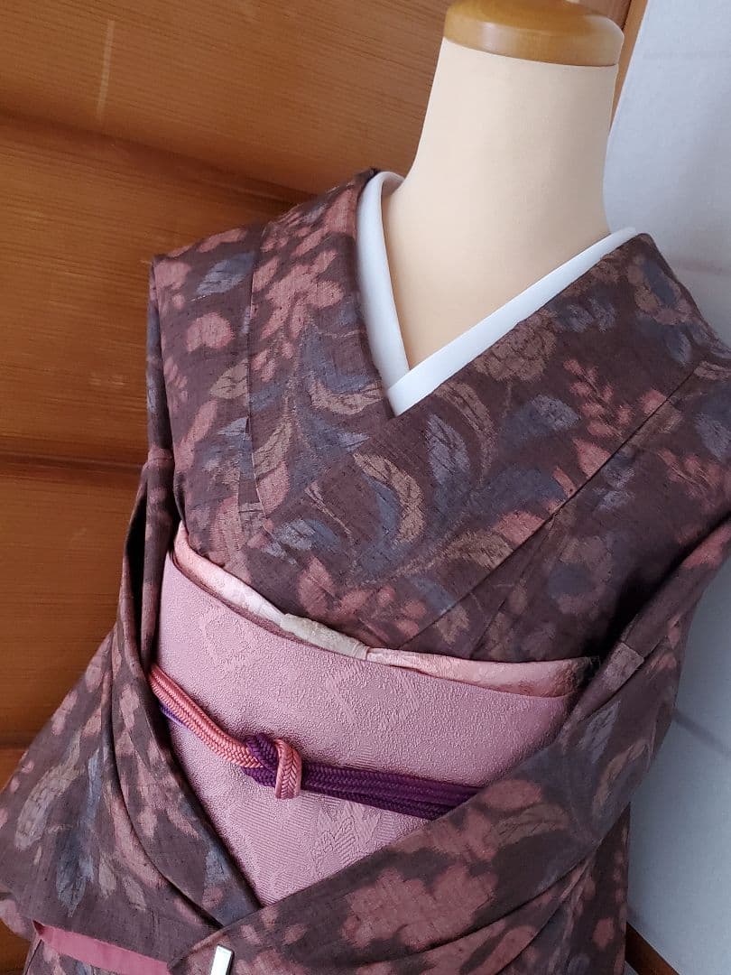 【スモールサイズ＊】辻が花の紬　茶色　ピンク　正絹　特価☆