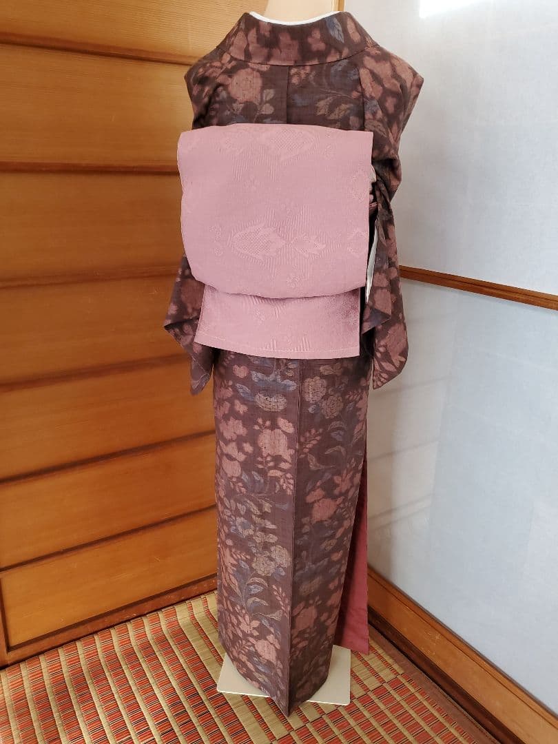 【スモールサイズ＊】辻が花の紬　茶色　ピンク　正絹　特価☆