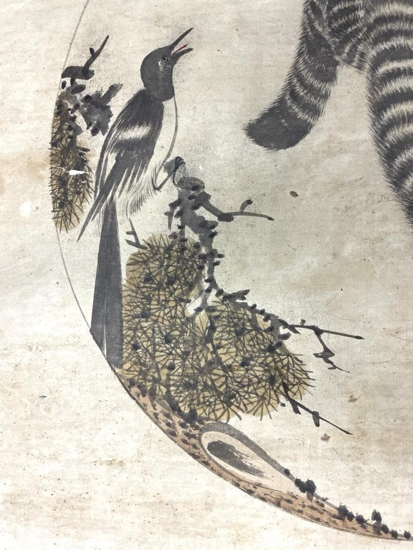 時代物 李朝 水墨画 虎 鳥 韓モノ 骨董 古玩 無銘