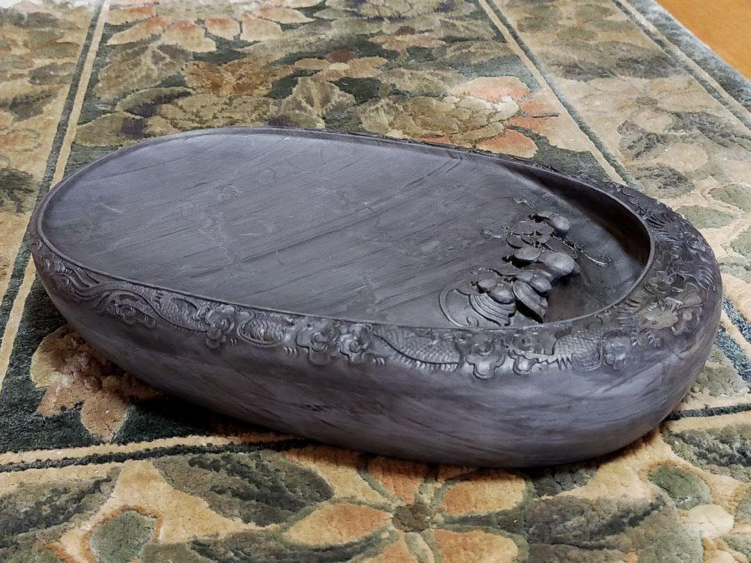 ♥大型　中国製　歙州　蝙蝠文双龍硯　硯　骨董品　端渓硯