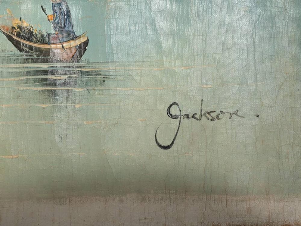 【絵】　★ 油画 東南アジア河岸風景図 ★　作家物　純手描き 真作保証　西洋書画