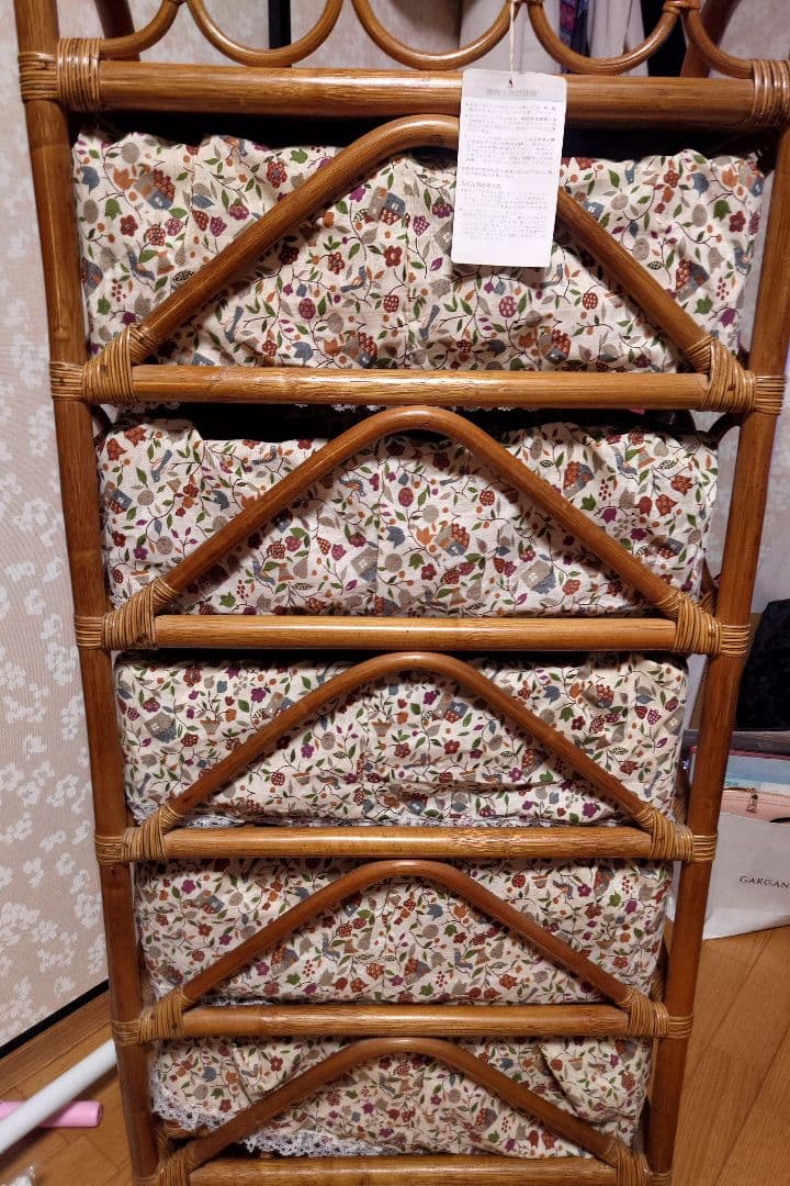 ラタン製花柄カバー付きチェスト 5段