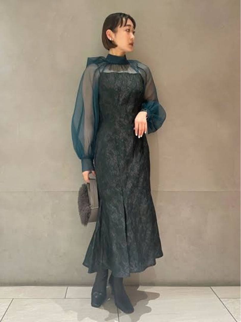 【美品】グロッシーレースジャガードマーメイドドレス ダークグリーン