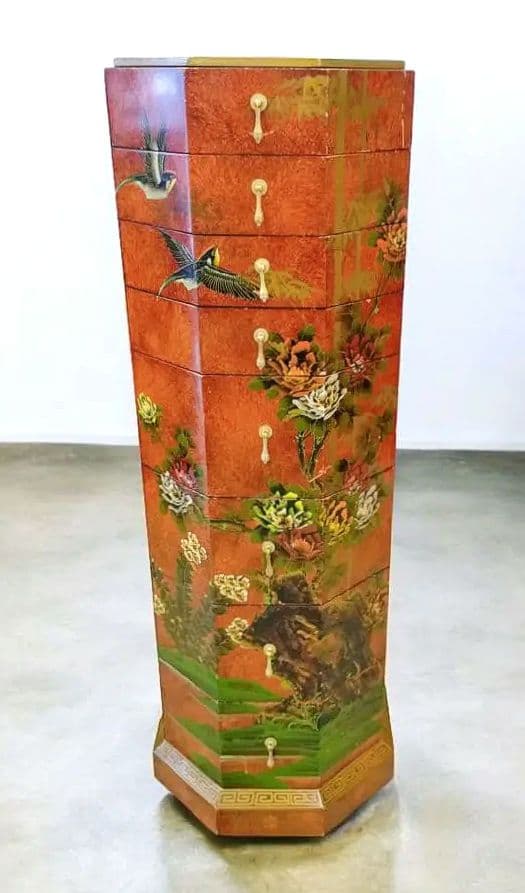 【アンティーク】中国家具 宝石棚 花鳥画 箪笥 チェスト 8杯 飾り棚 古家具