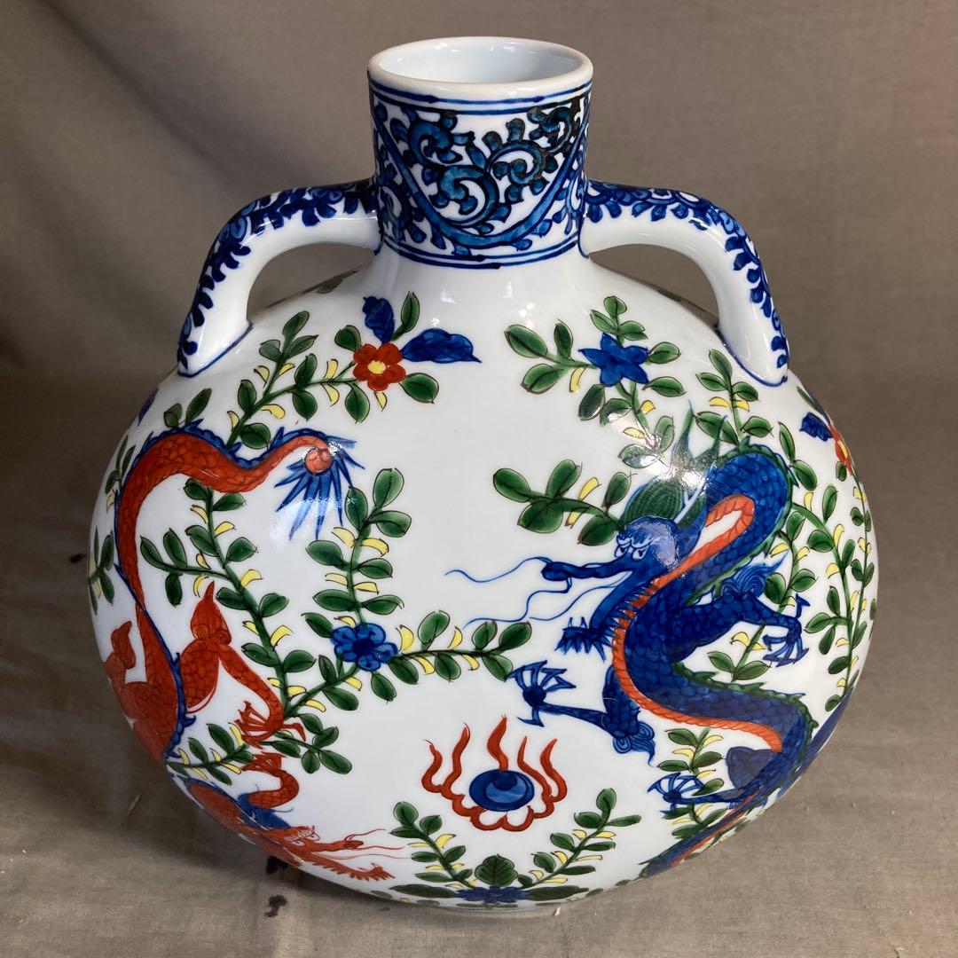 【源右衛門】古伊万里の伝統　日本の名窯　舘林源右衛門作　染錦万暦双龍絵　扁壺