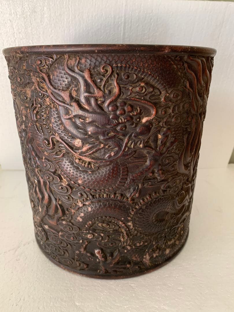 紫檀木彫刻 龍紋筆筒 （検） 清代 唐物 中国美術 骨董 古玩