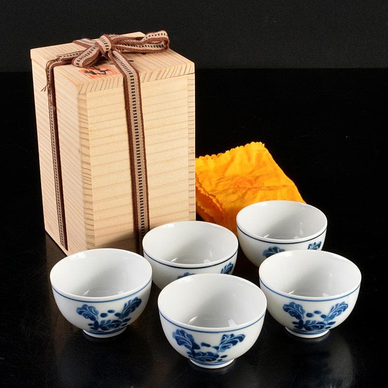 煎茶道具　賣茶好　染付　亥年白菜文　煎茶碗　5客　共箱　V　6194