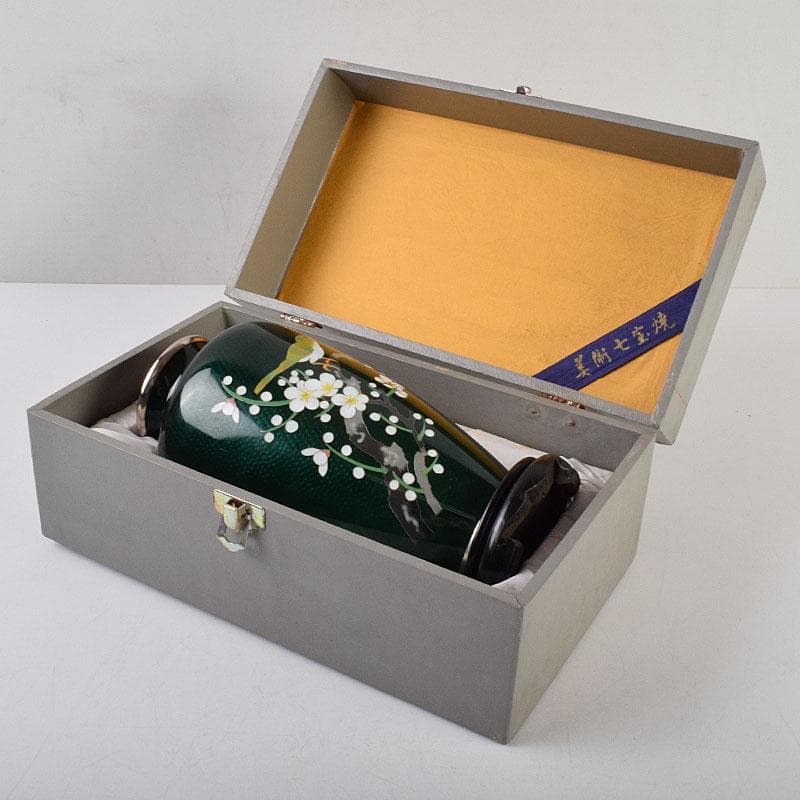 七宝焼　熱化工業　透釉　花鳥文　花瓶　唐木台・箱付　V　R9322