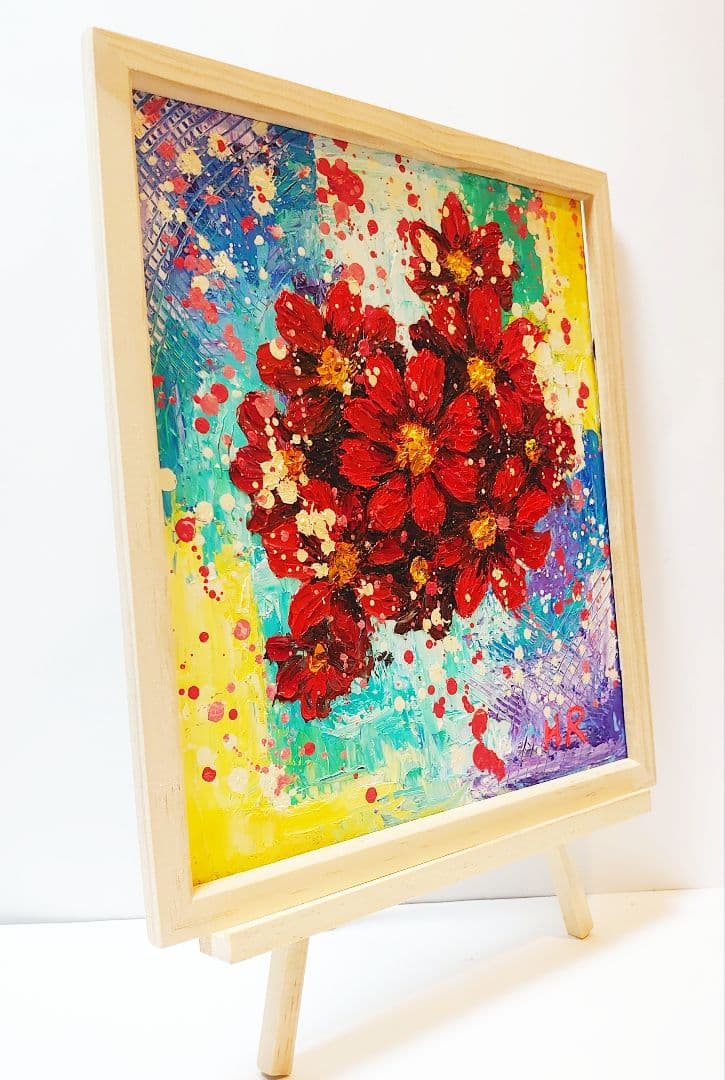 油絵 絵画【赤いコスモス】