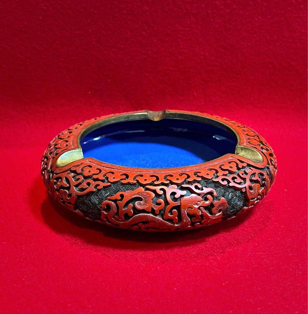 中国美術 古玩 堆朱 剔紅 漆彫 龍紋樣 寶相花紋樣 煙皿 置物