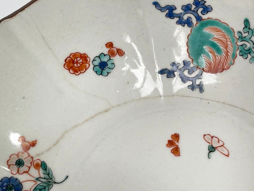 骨董　アンティーク　色絵　柿右衛門　花文様　鞠　輪花縁　鉢　菓子鉢