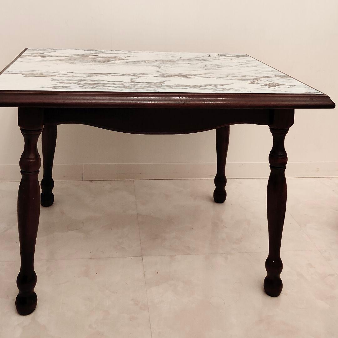 大理石風　ダークブラウン 木製テーブル 　アンティーク