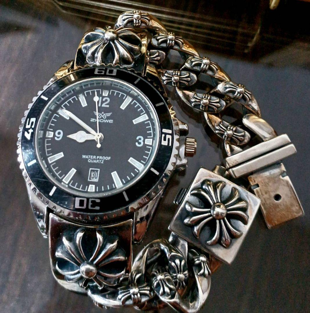 ZHOWE 黒サブ系 プラスクロス IDブレスレット 腕時計 チェーンブレス