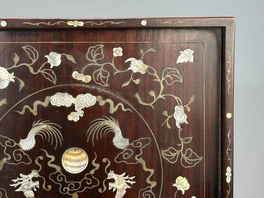 中国美術　清時代 花梨木　螺鈿嵌　双龍文　茶盤　引き出し付　書斎道具　李朝螺鈿