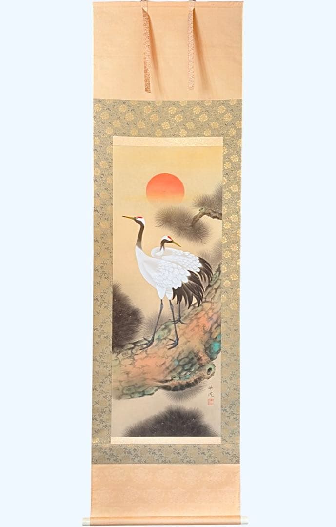 双鶴　珠洸 茶道具 掛け軸 掛軸 日本画 鶴 正月 200