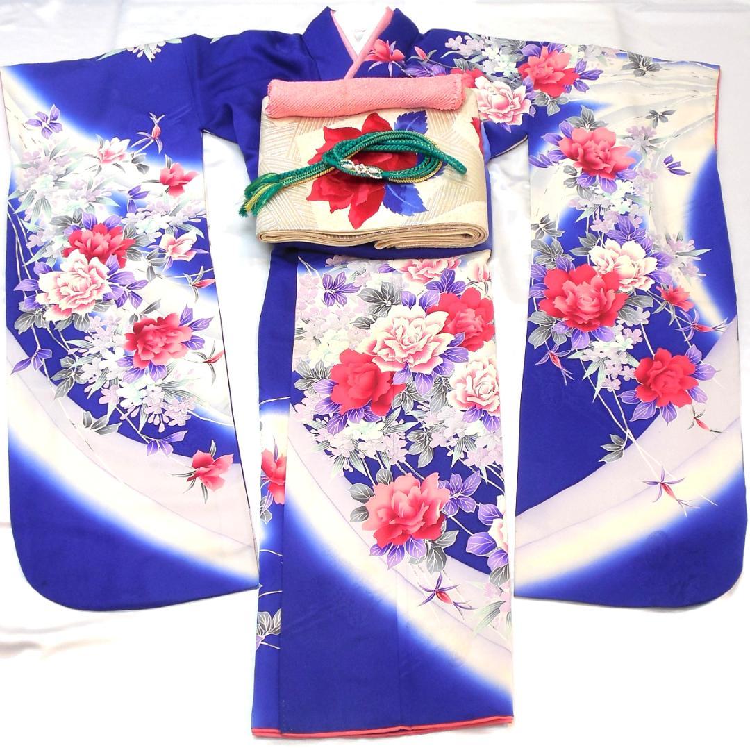 美品★振袖フルセット　振袖　正絹　成人式　Mサイズ　ブルー　青　花柄　バラ