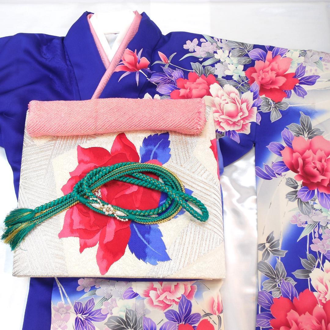 美品★振袖フルセット　振袖　正絹　成人式　Mサイズ　ブルー　青　花柄　バラ