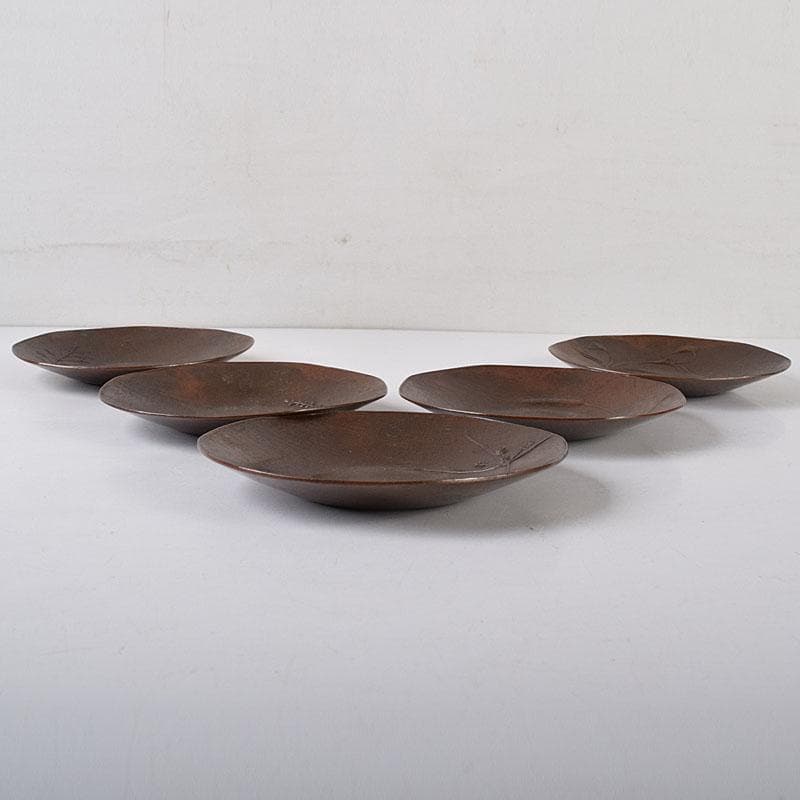 煎茶道具　蝋型鋳銅　正作　草文茶托　五客　共箱　M　R8526