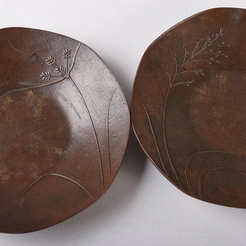 煎茶道具　蝋型鋳銅　正作　草文茶托　五客　共箱　M　R8526