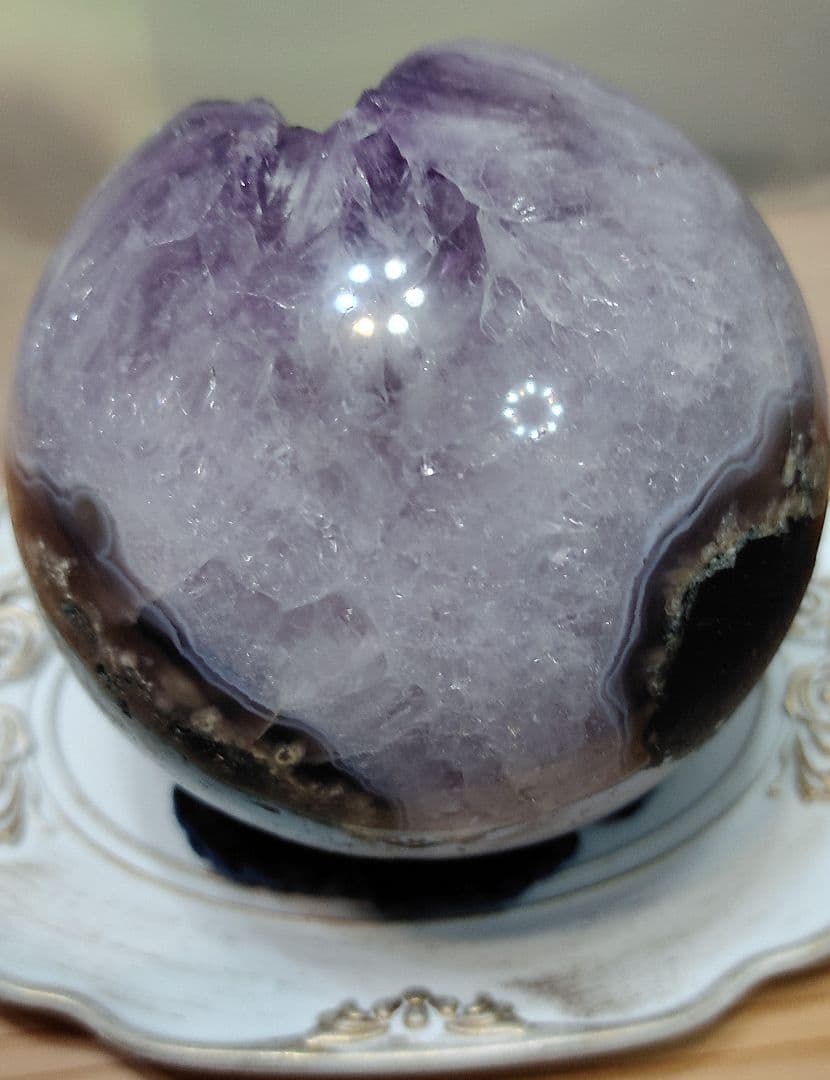 レア アメジスト笑口 金針ルチル入り 直径10.5cmブラジル産アメシスト丸玉