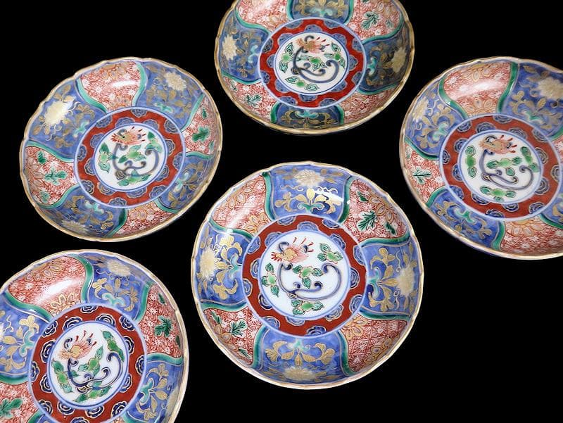 古伊万里　金襴手　団龍紋に花の図　４寸皿　５枚　307AS-fbuu