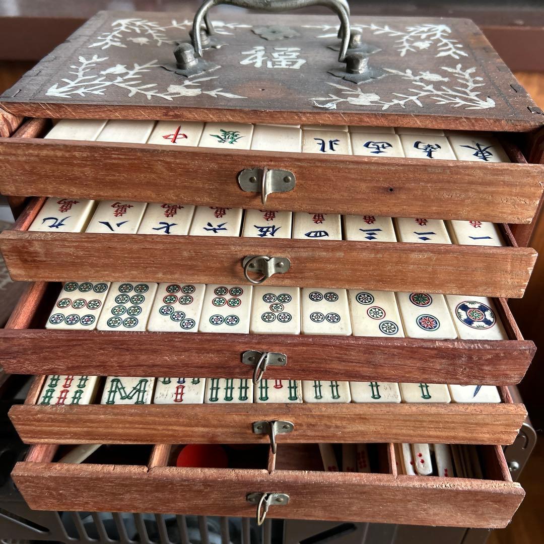 アンティーク麻雀牌セット 木製収納ケース付き