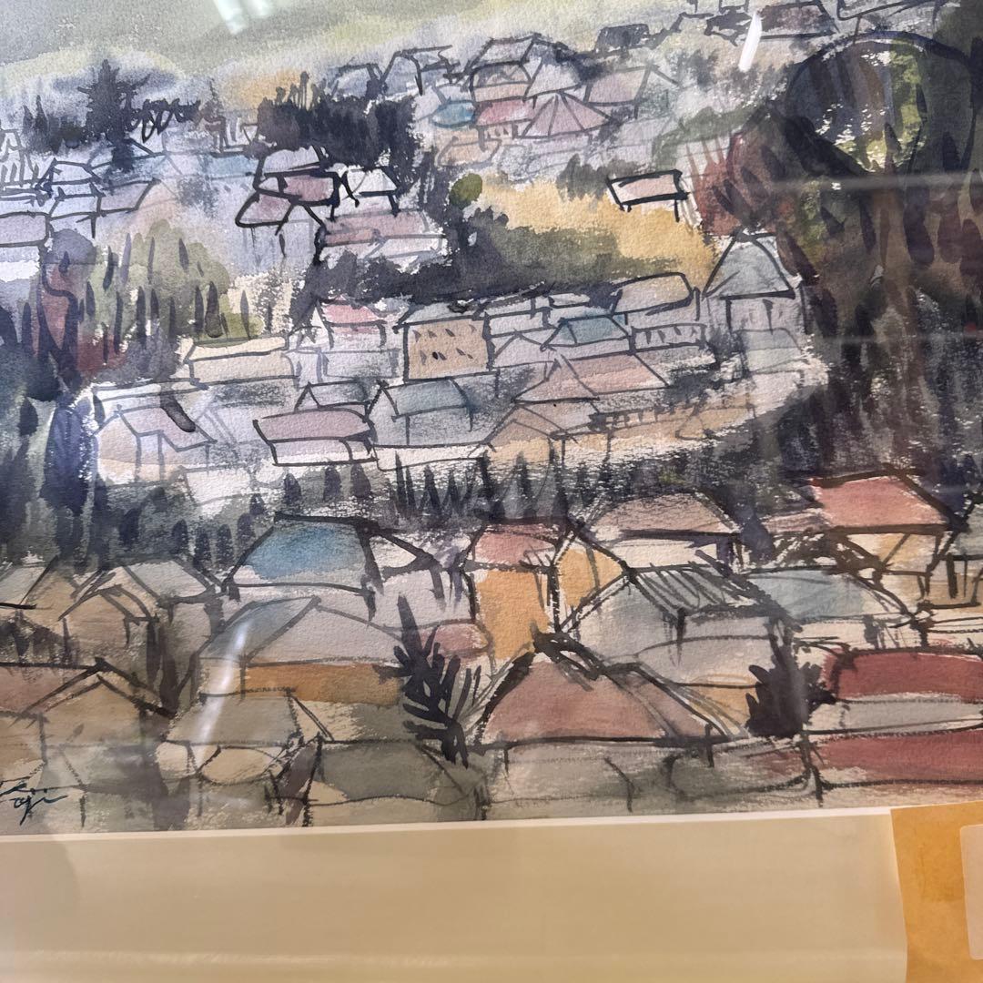 水彩画　全紙版　曇り空の横浜　白マット　アクリル入り