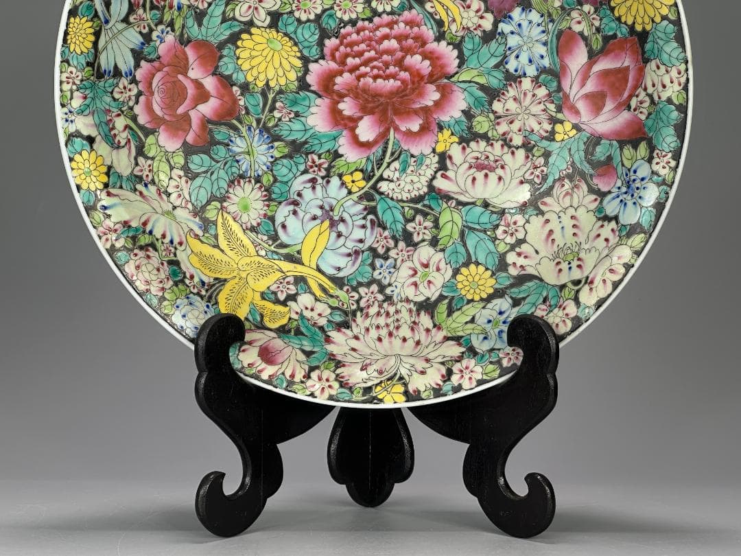 中国美術　景徳鎮製　粉彩百花不落地大盤　粉彩皿　時代　唐物