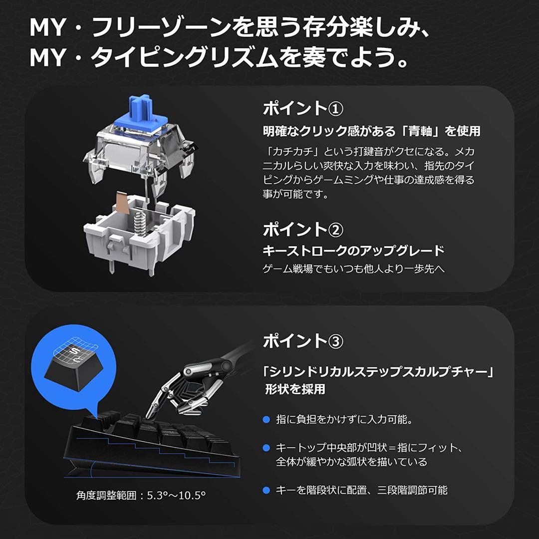 GTRACING ゲーミングキーボード テンキーレス 青軸 メカニカル有線着脱式