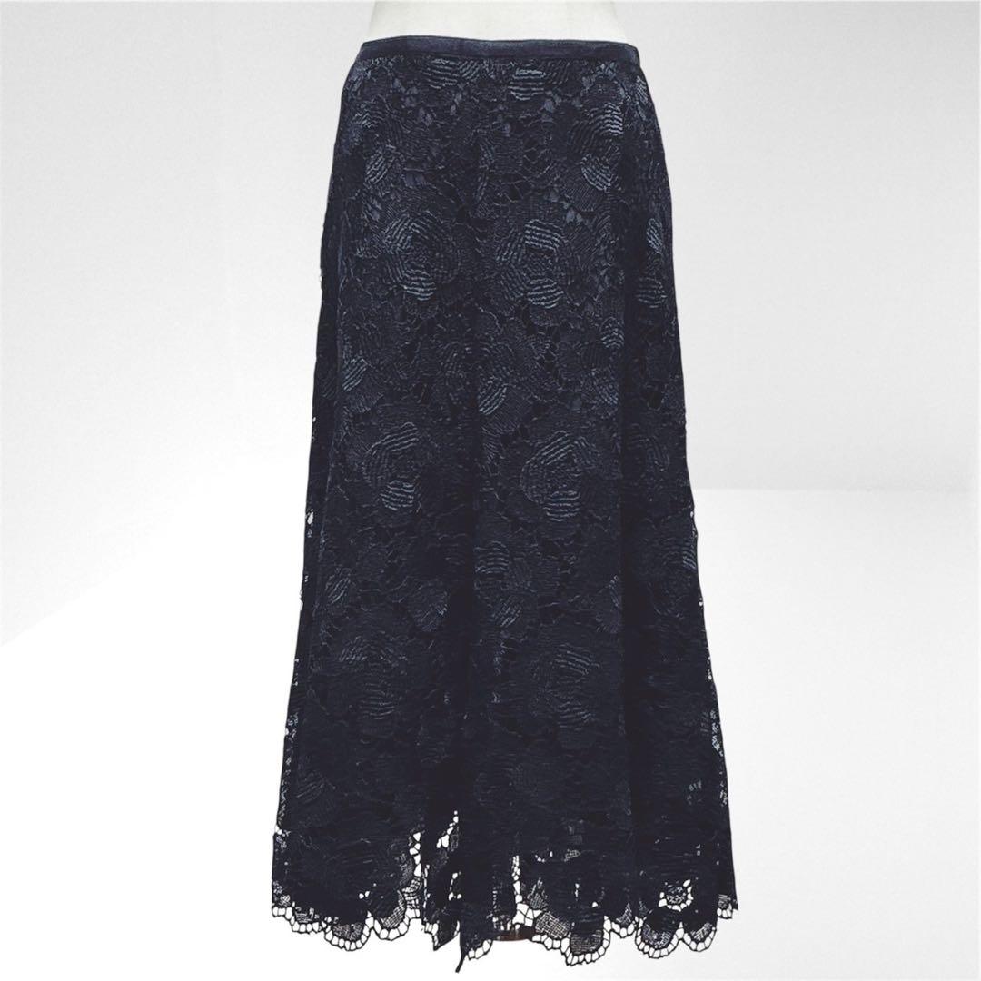 美品　エポカ　フラワー　ケミカルレース　フレアスカート　ミディ丈　日本製　黒　M