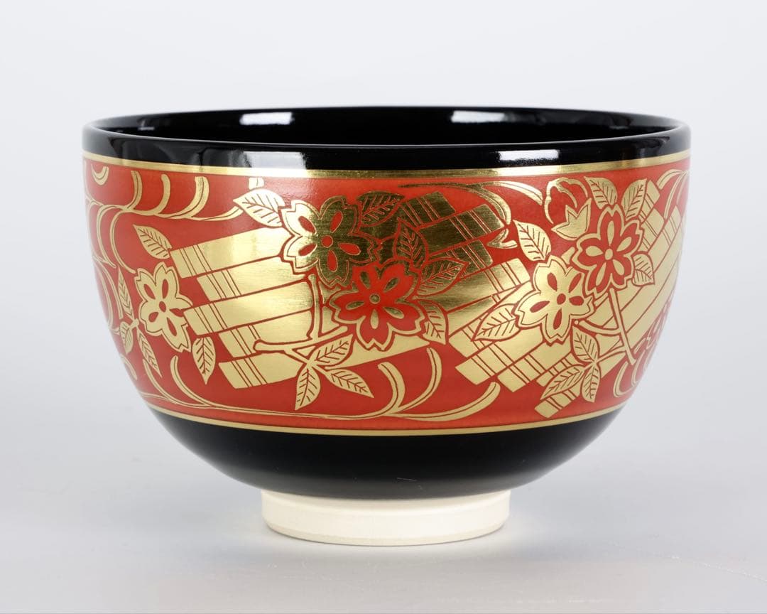 七代 高橋道八 黒釉金襴花筏茶碗 共箱付 京焼 茶道具 抹茶碗 古美術品 骨董品
