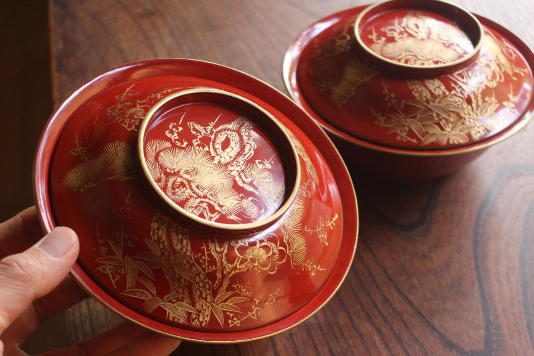 デッドストック！時代金縁朱漆に極上松竹梅沈金の映える大椀2点（検輪島塗雑煮椀