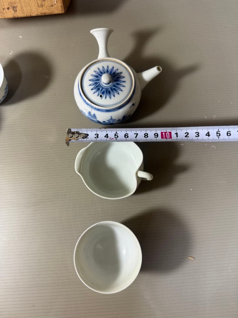 2340九谷焼　青九谷青花　染付山水　茶器セット　宝瓶1客　湯冷し1客　湯呑5客