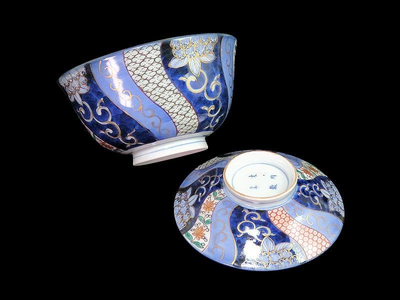 古伊万里　染錦　捻り紋　花の図　蓋茶碗　江戸期　E545AS-CIp