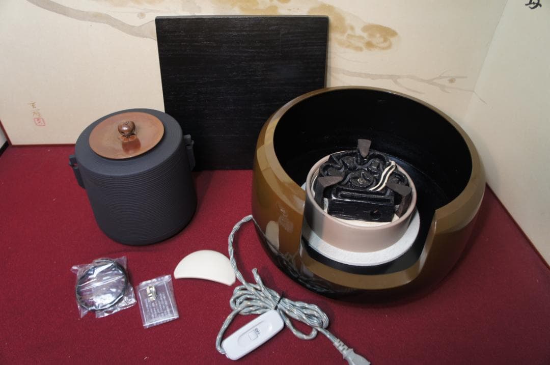 ☆合金面取風炉 さびない糸目筒釜 釜環 電熱器 敷板 前瓦 香入フルセット送料込