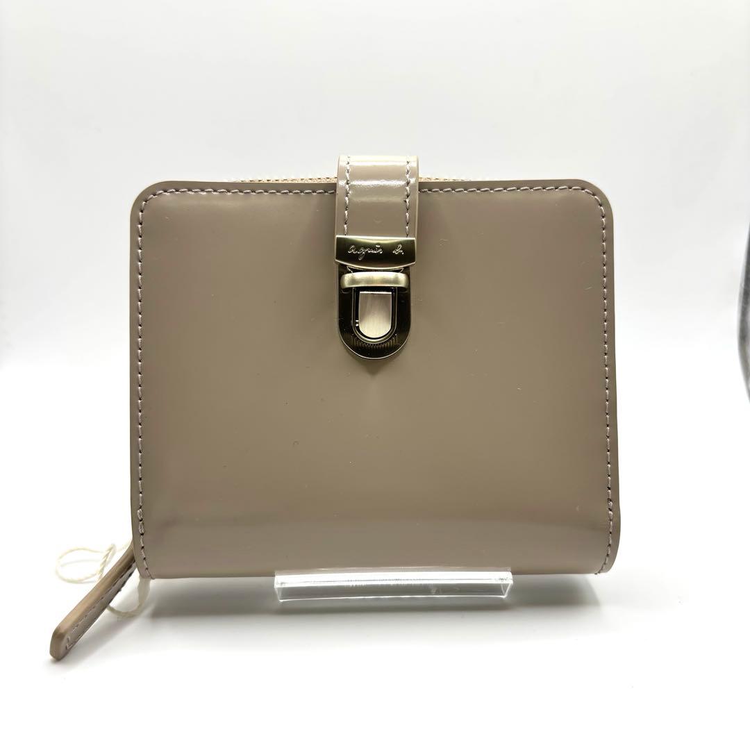 未使用品✨ 箱付 アニエスベー ガラスレザー メタルロックベルト 二つ折り財布