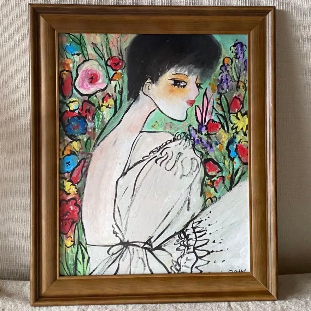 絵画 。壁掛け絵☆【きれいな白いスカートの女性が色とりどりの花を家に飾っている】