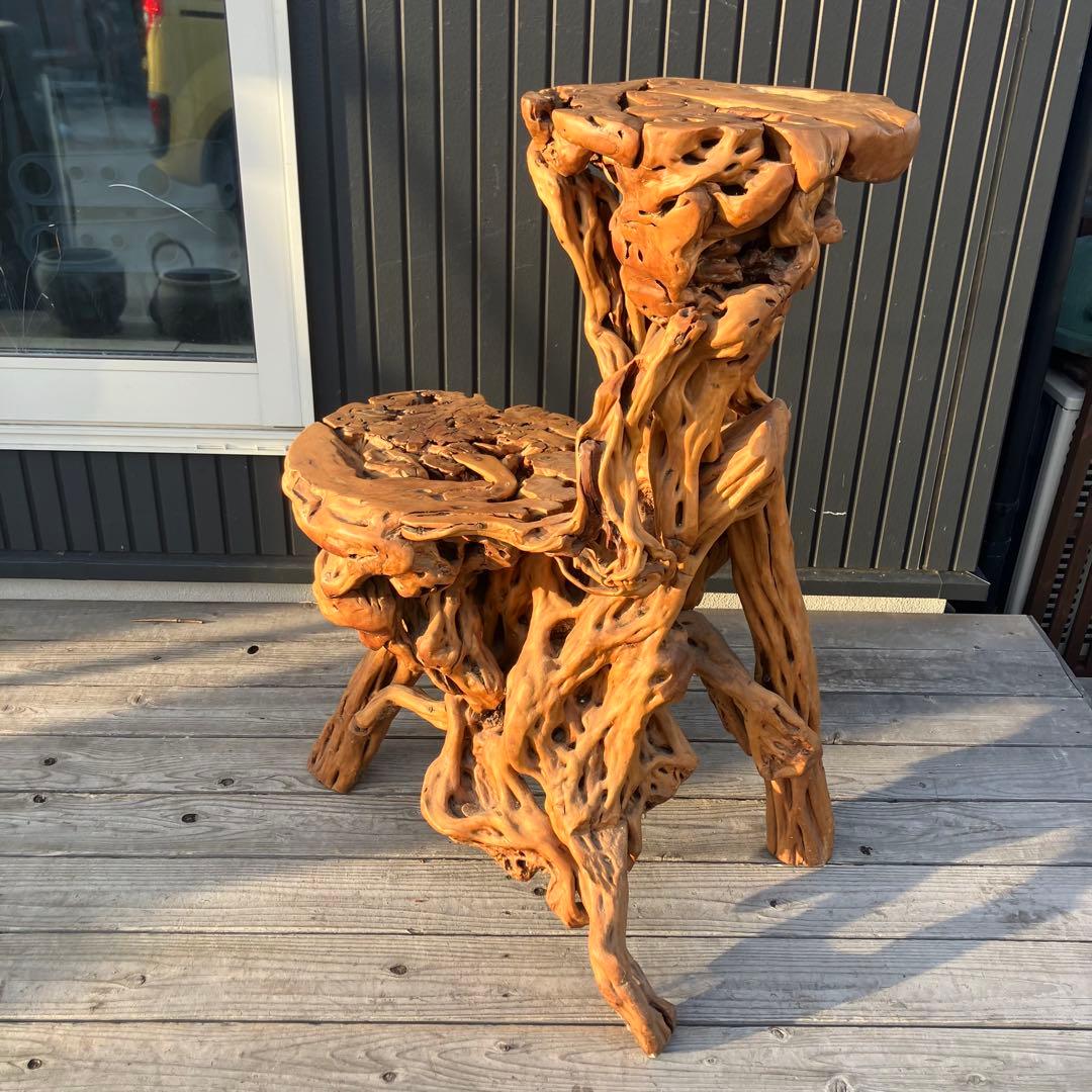 昭和レトロ 天然木 一刀彫 花台 飾り棚 ディスプレイラック 大型置物 オブジェ