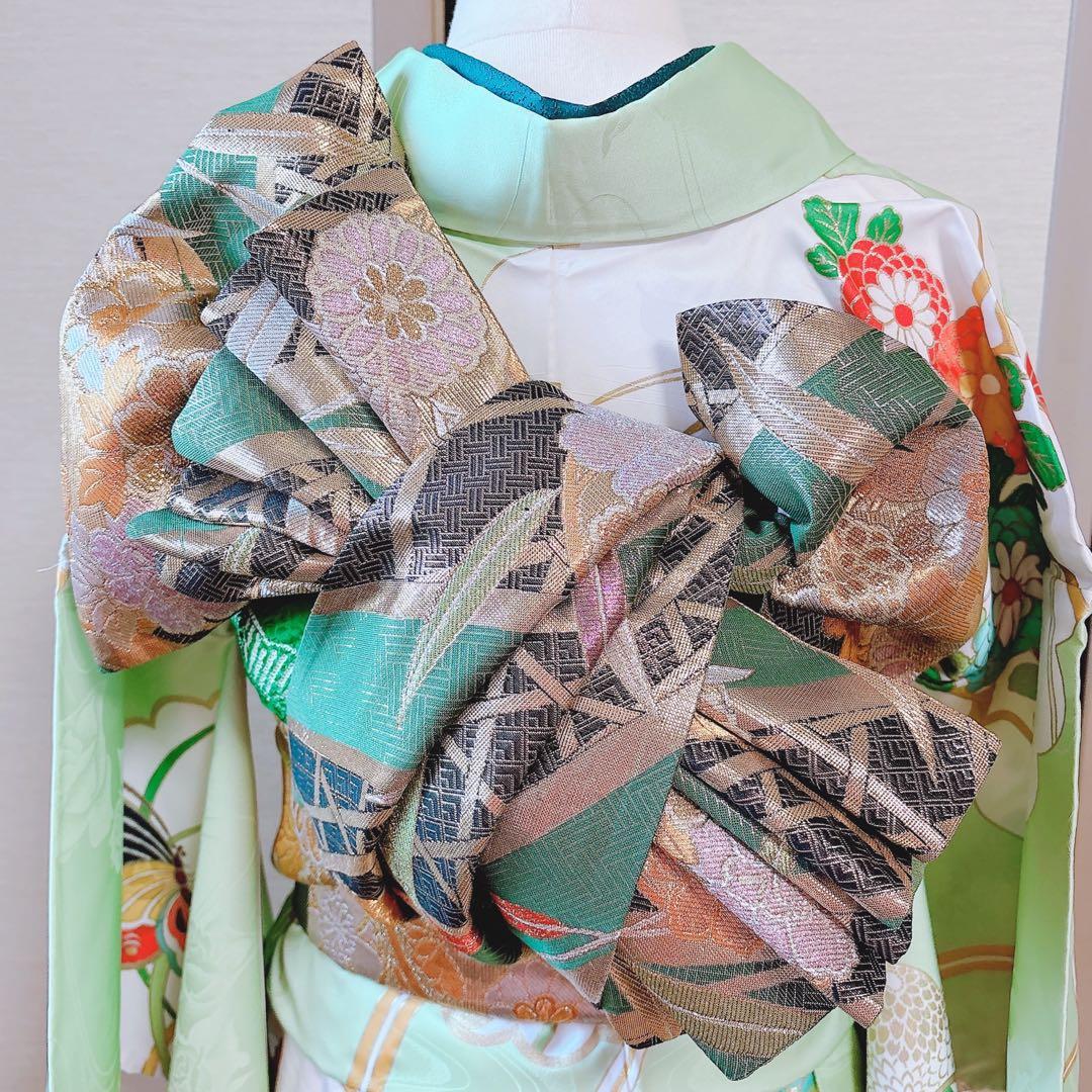 洗える振袖　セット　裄65 M L 帯　緑　ミント　蝶々　菊