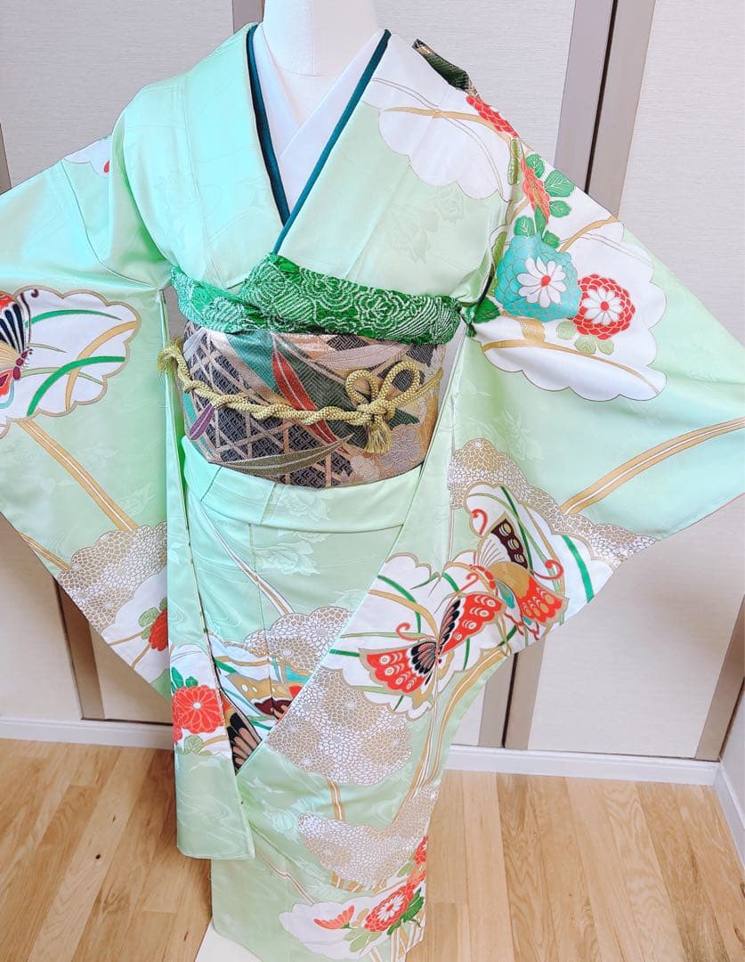 洗える振袖　セット　裄65 M L 帯　緑　ミント　蝶々　菊