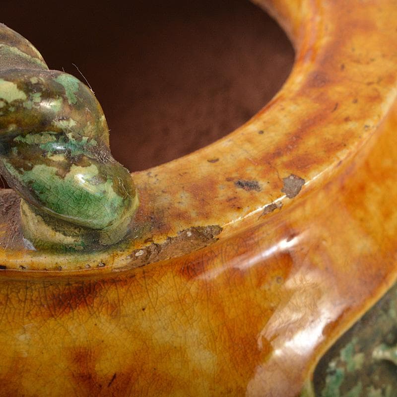 中国　三彩　花文　沖耳爐　三足香炉　時代箱　V　R7159