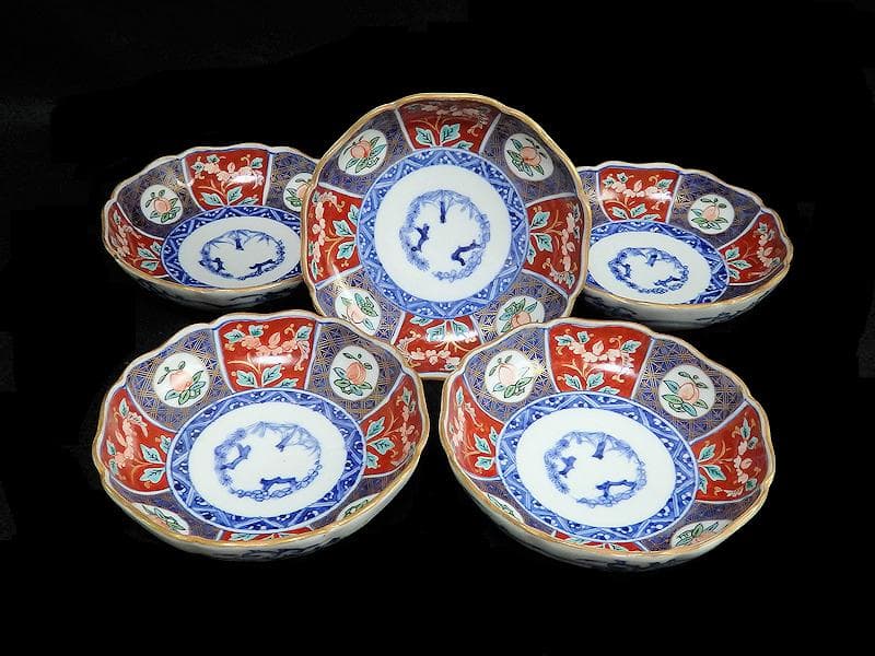 古伊万里　色絵　桃に花の図　膾皿　５客　N1556AS-CAw