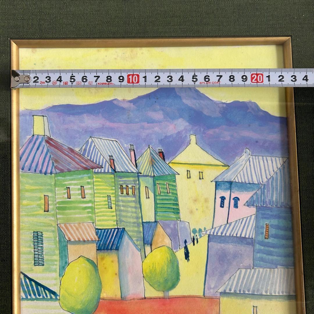 在銘 水彩画 街並みと山の風景