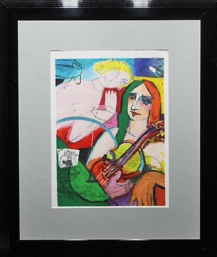 マイケルルー「VIOLINIST AND MODEL」 版画　バイオリン　猫