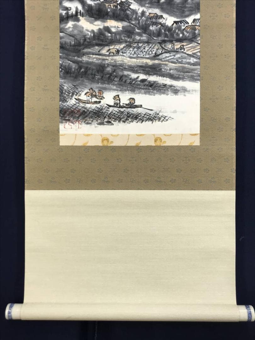 【真作】矢野鐵山/江邨漁楽/山水図/掛軸☆宝船☆AD-426