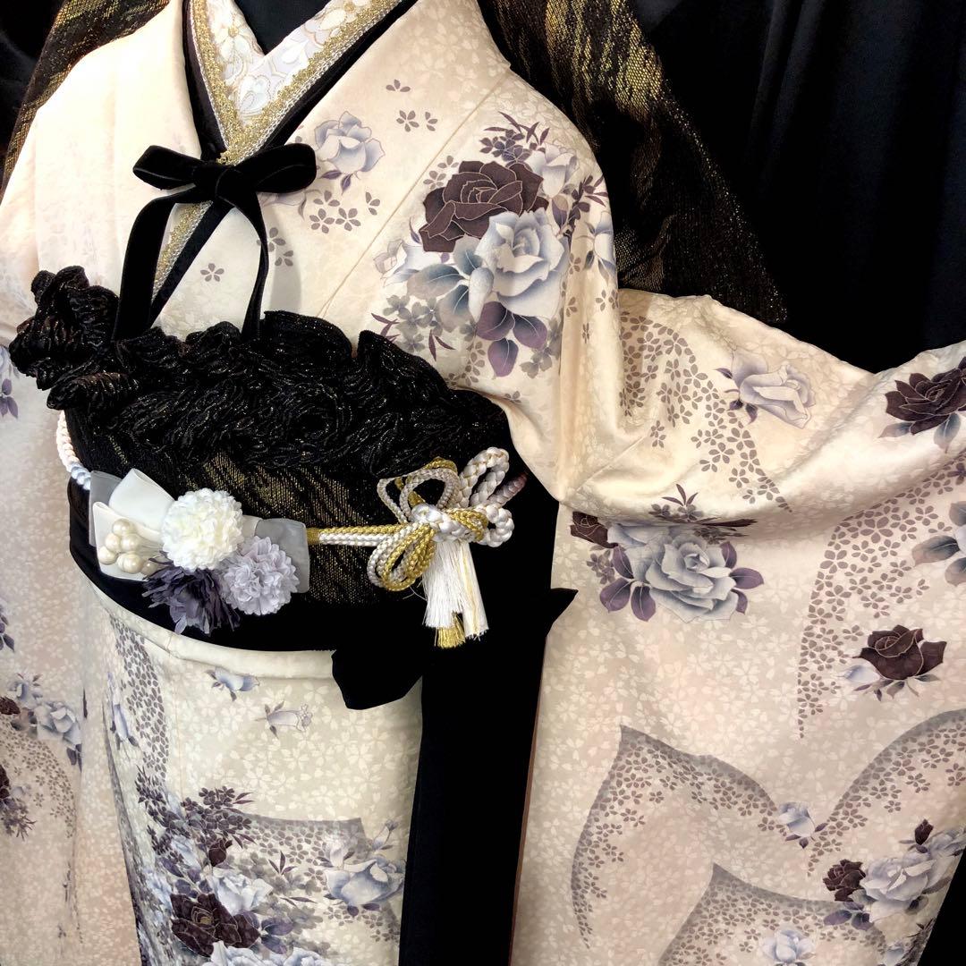 ■モノトーン系■白振袖■薔薇■正絹振袖フルセット■成人式■振袖一式