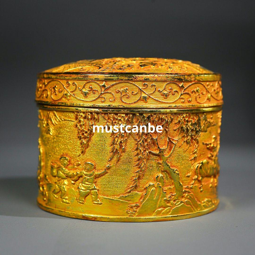 鏨刻百子図飾盒 粉函 墨盒 文房具 金属工芸品 置物